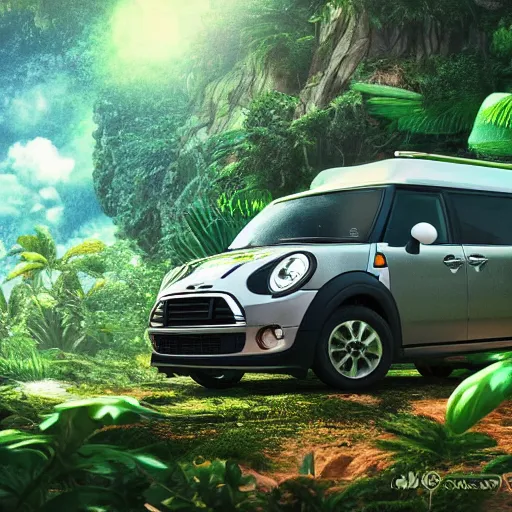 Image similar to a mini van in the middle of the jungle, hyperdetailed, ambient occlusion, pfp, lensflare, ghibli style, anime background, octane