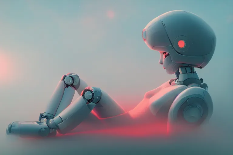 Image similar to a cute robot girl sitting on a cloud relaxing, misty, digital art, hazy, foggy, red lighting, ambient lighting, 8 k,