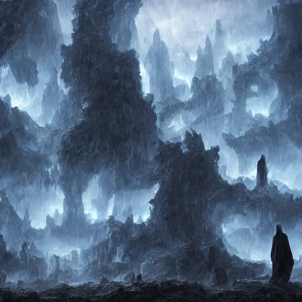 Prompt: a still of a cloaked figure standing in the ruins of crux prime, destroyed monastery, blue fiery maelstrom in the distance, it is raining, digital art, artstationhq