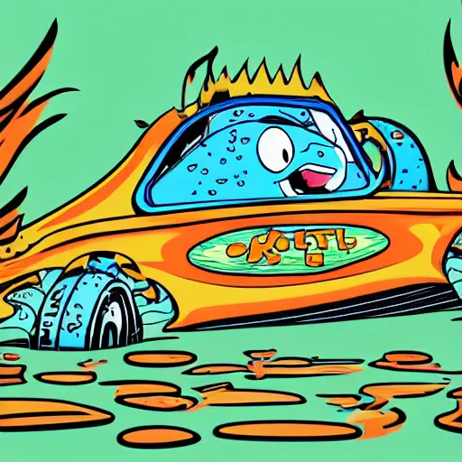 Prompt: Pop-Wonder-NFT Frog-Racer-Hot-Rod-Oversized-Character-Driving-Fast-Vehicle wading through the goopy-muck and slithering about the castle side delights on a melted cheesy day in a hand-drawn vector, svg, cult-classic-comic-style