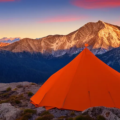 Prompt: an orange tent in the foreground of the sierra mountains at dawn, photo, 4 k