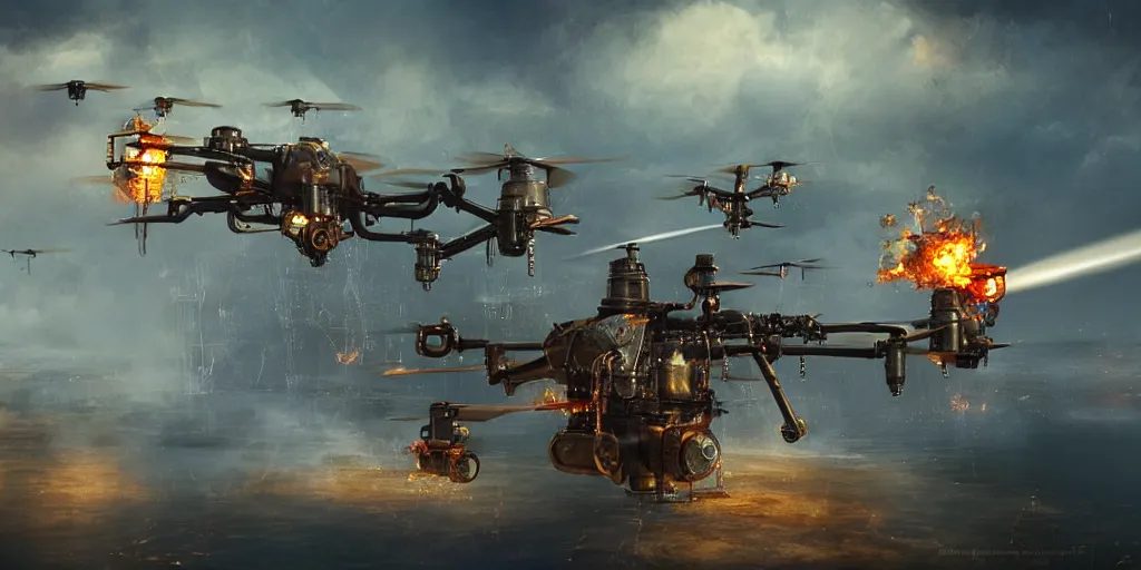 Prompt: steampunk drones putting out a fire with water, digital art, matte painting, artstation, concept art