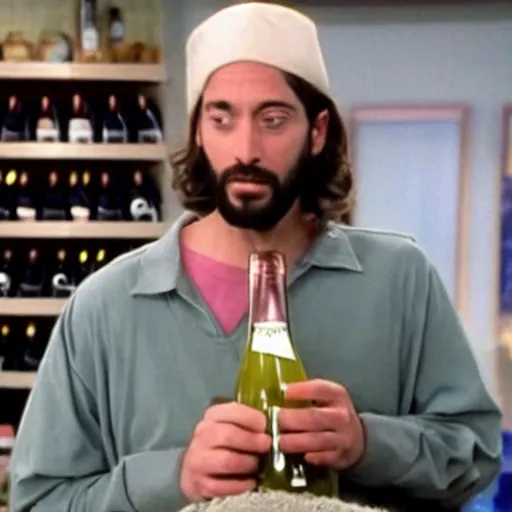 Prompt: still of Jesus Christ holding a bottle of wine in 1990s clothing, from TV Series Seinfeld (1994)