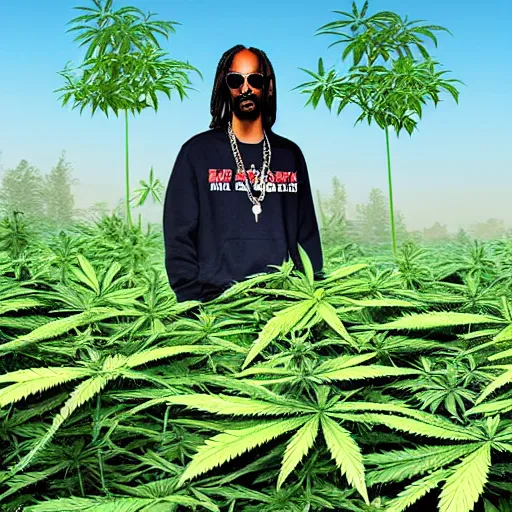 Image similar to snoop dog standing on a boat in front of huge cannabis plants, realistic digital art, highly detailed