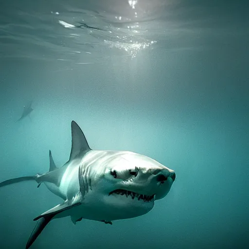 Prompt: A great white shark is swimming towards the viewer out of the dark water, underwater, underwater photography, night, hyperrealism, wildlife photo, trail cam, ultra high detail