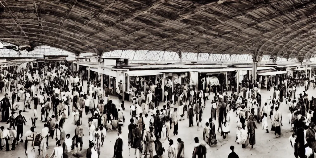 Image similar to establishing shot, interior of an indian railway station, bustling with people, sharp focus, aesthetic