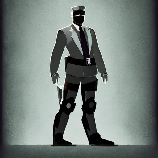 Image similar to character design policeman, concept art character, very high angle view, one arm of the robot body, book cover, very attractive man with beard, walking in cyberpunk valley highly detailed full body, strong masculine features, sturdy body, command presence, policeman!!, royalty, smooth, sharp focus, organic, appealing, deep shadows