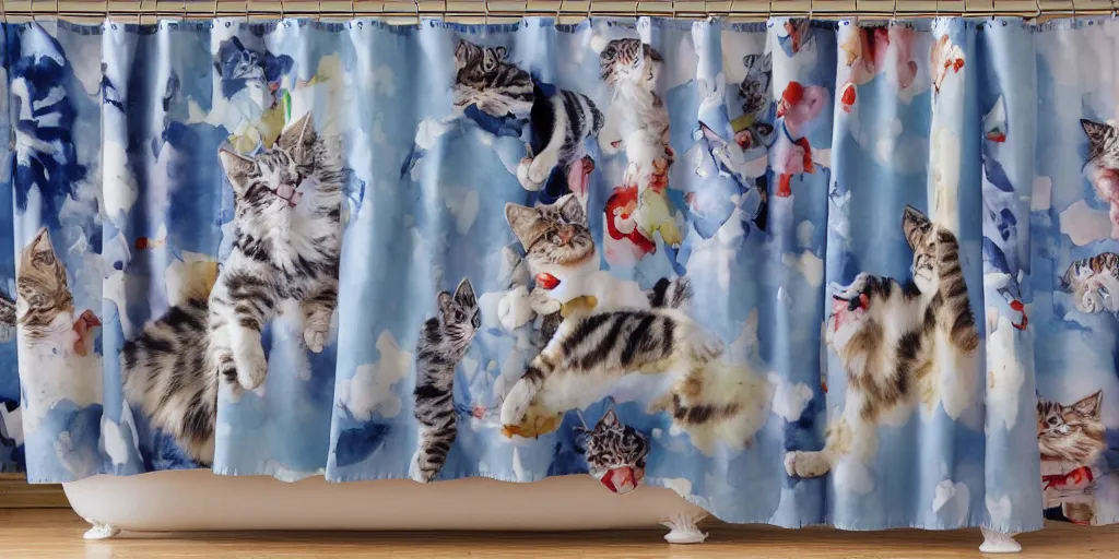 Prompt: shower curtain product catalog. wide - angle photo. on the curtain is a watercolor with ink under drawing of a low - angle hero - shot a cat toy being chased by a maine coon kitten. highly coherent, product photography of a shower curtain, product lighting. 4 k, highly detailed. saturated.