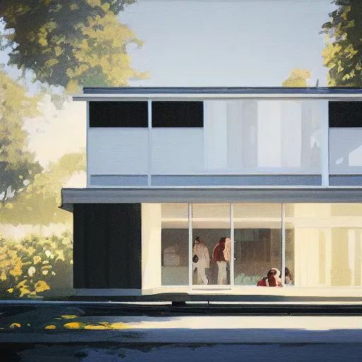 Image similar to farnsworth house painting by atey ghailan, character looking back, cinematic, masterpiece