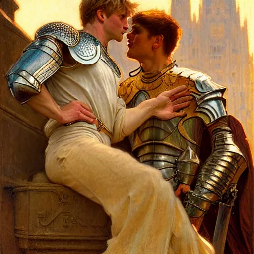 Image similar to attractive arthur pendragon and his attractive male knight, they are in love, natural lighting, path traced, highly detailed, high quality, digital painting, by gaston bussiere, craig mullins, alphonse mucha j. c. leyendecker