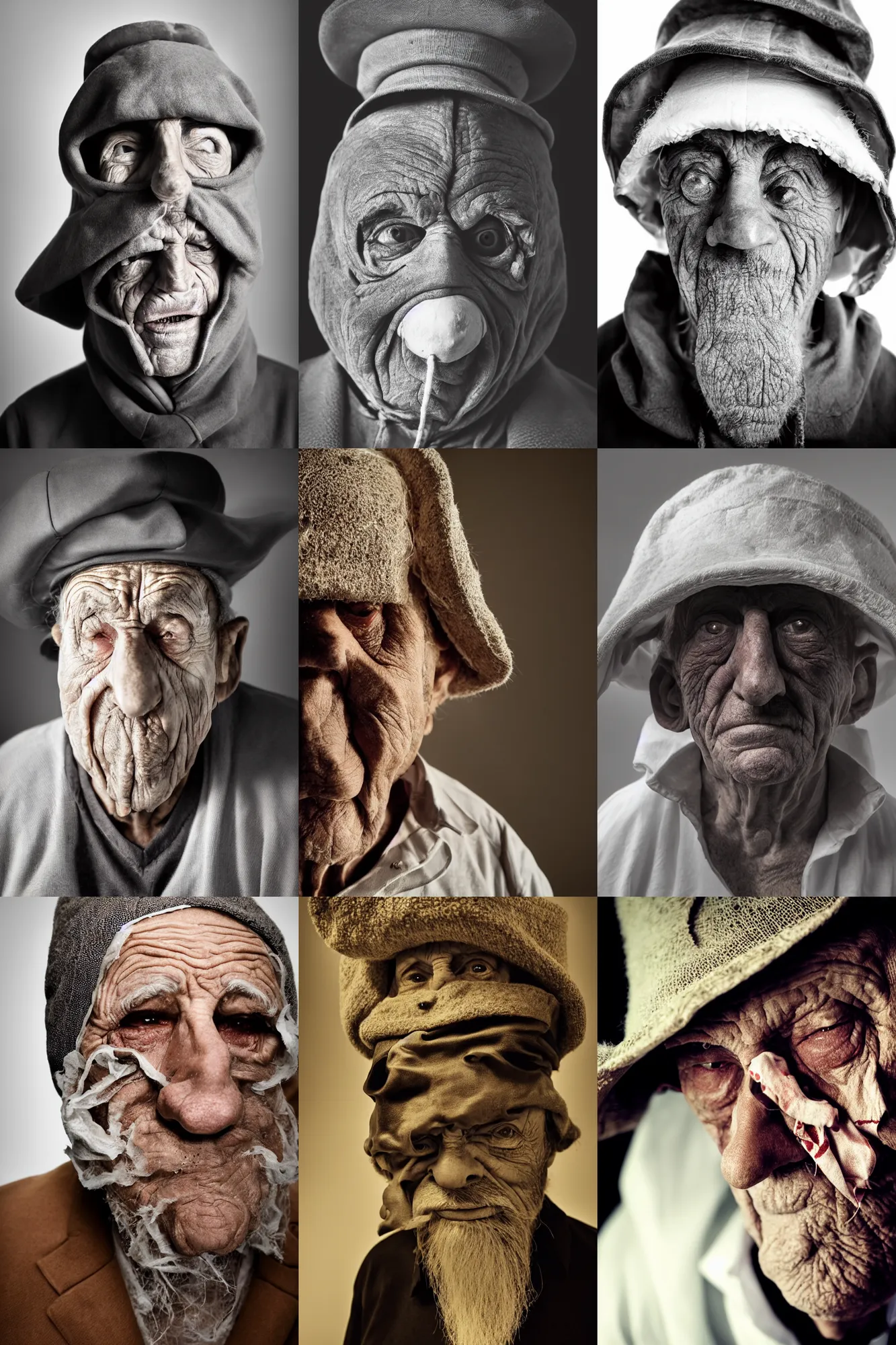 Prompt: high contrast studio close - up portrait of a wrinkled old man wearing a pulcinella mask, clear eyes looking into camera, baggy clothing and hat, backlit, dark mood, nikon, photo by annie leibovitz, masterpiece