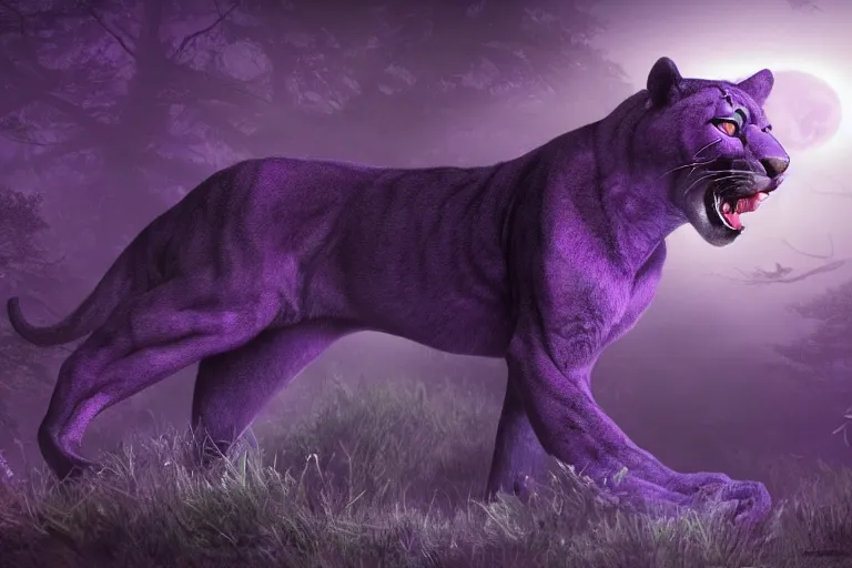 Image similar to a purple colored panther roaring in a forest during the night, large moon in the center. high quality. illustration. 4 k. cinematic. photoreal. highly detailed. artstation. dramatic. darkness. moon.