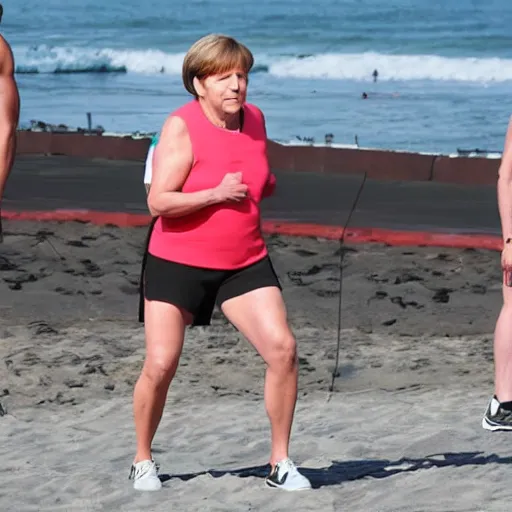 Image similar to angela merkel working out at muscle beach l. a., lots of muscles, good body