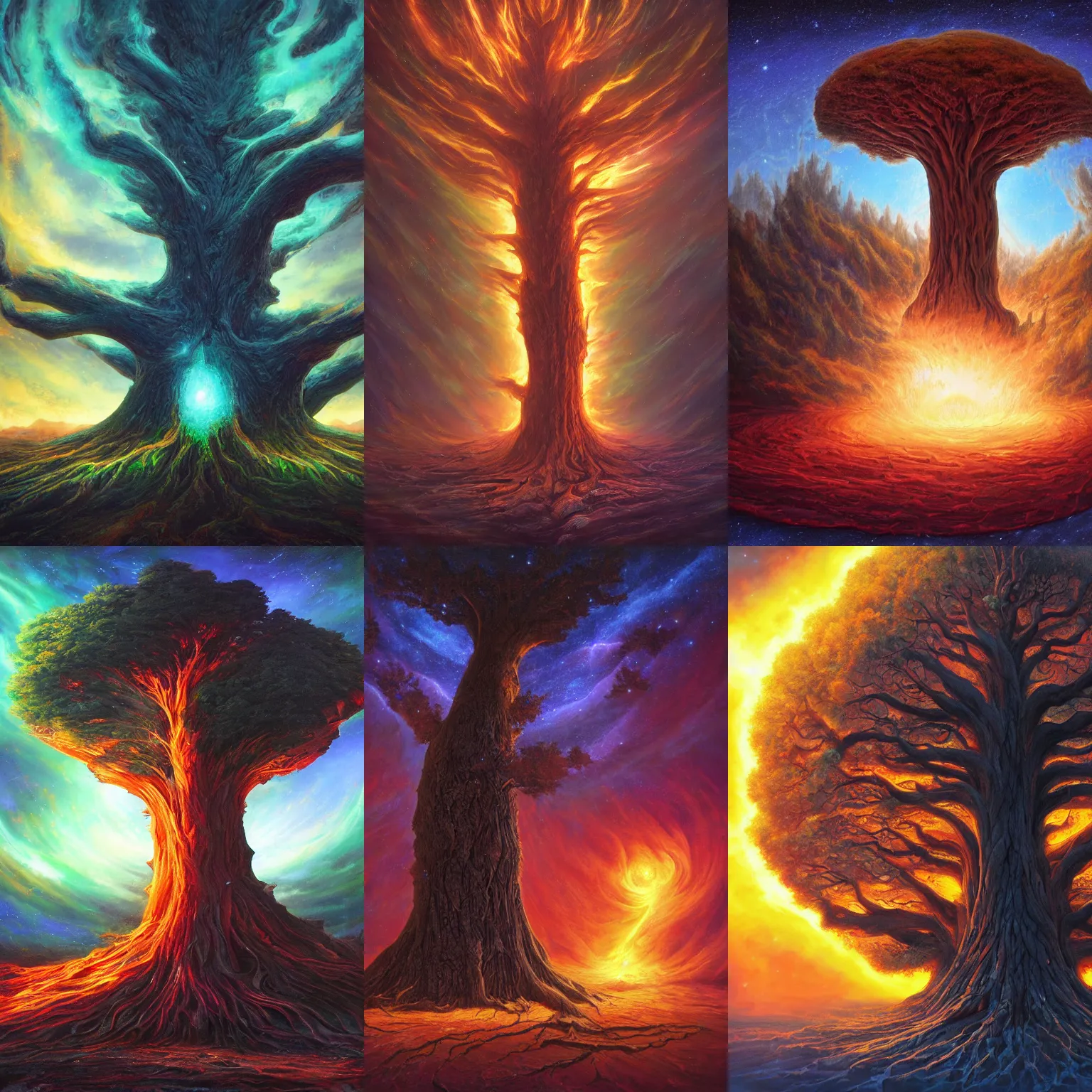 Prompt: huge tree melting into the universe, by noah bradley