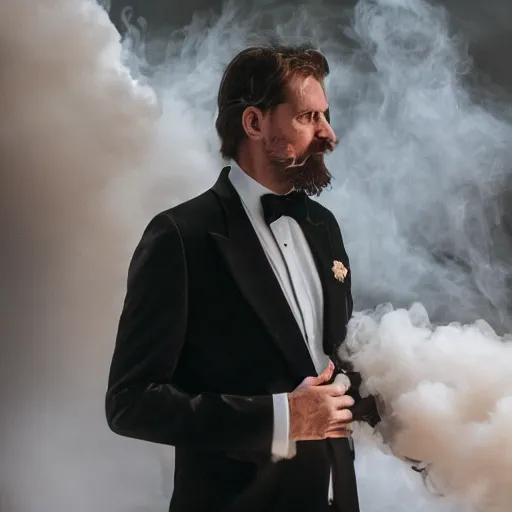 Prompt: Man wearing classy tuxedo inside cloud of smoke, highly detailed, Canon EOS R3, details, f/1.4, ISO 200, 1/160s, 8K, RAW, unedited