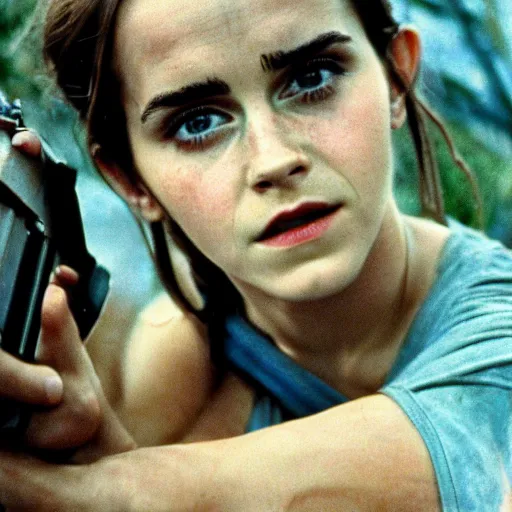 Image similar to film still, extreme far view, emma watson vietnam door gunner, film still from apocalypse now ( 1 9 7 9 ), 2 6 mm, kodak ektachrome, blue tint expired film,