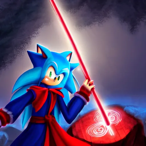 Image similar to red headed woman dressed in dark blue wizard robes holding a wooden staff covered in glowing red runes topped with a glowing gem. background of snowy mountains. fantasy painting. sonic the hedgehog is also there