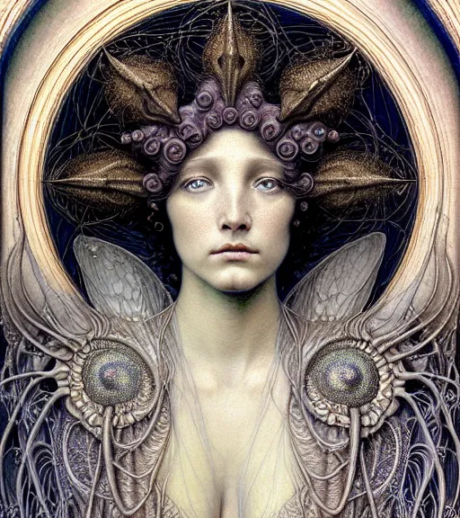 Image similar to detailed realistic beautiful angel goddess face portrait by jean delville, gustave dore, iris van herpen and marco mazzoni, art forms of nature by ernst haeckel, art nouveau, symbolist, visionary, gothic, neo - gothic, pre - raphaelite, fractal lace, intricate alien botanicals, ai biodiversity, surreality, hyperdetailed ultrasharp octane render