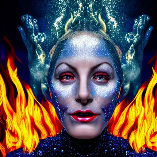 Prompt: realistic extremely detailed photo style portrait painting of a witch dancing in the shine of a huge fire. the face of a demon is half transparent visible right over the fire. retro futuristic ,water, by Stanisław Szukalski , rich moody colors,diamond dust glitter and sparkles, holographic krypton ion, blue eyes, octane render, 4k, f32