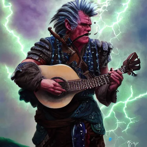 Image similar to detailed photo of a Half-orc bard portrayed by Gary Busey playing a lute, 8k,by Tristan Eaton, Stanley Artgermm, Tom Bagshaw, Greg Rutkowski, Carne Griffiths, trending on DeviantArt, face enhance, hyper detailed ,full of color, dramatic lightning, epic stance