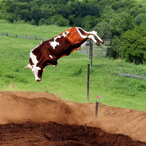 Image similar to a cow standing on a motocross jump