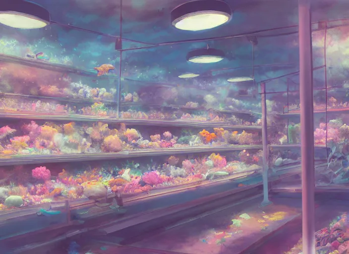 Prompt: bright cheery placid pastel deep cozy moody cluttered painterly fluffy tiny cramped live pet store, aisles of aquariums, slanted ceiling, tiny space, particulate, trending on pixiv