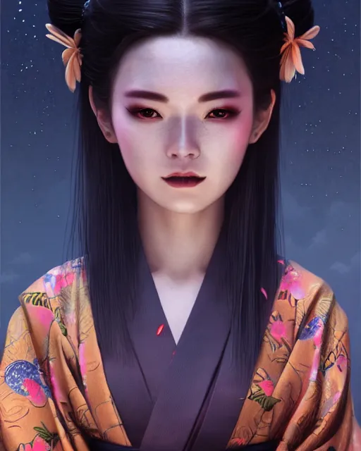 Prompt: a scary cute beautiful monster face wear elegant yukata in festival | | summer night, realistic shaded, pleasant face, good looking, fine details, 4 k realistic, cryengine, realistic shaded lighting poster by greg rutkowski, magali villeneuve, artgerm, jeremy lipkin and michael garmash and rob rey