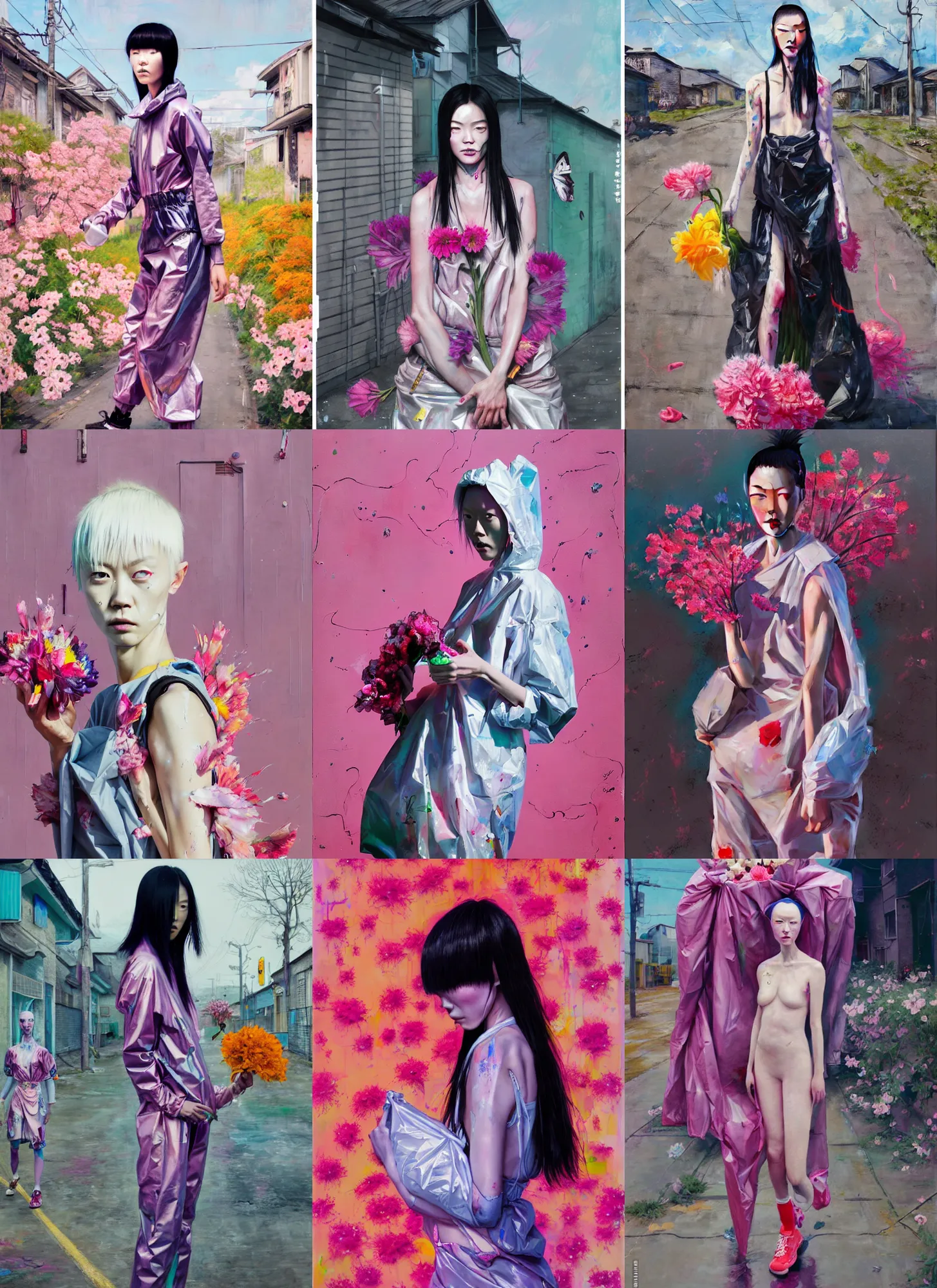 Prompt: still from music video of liu wen from die antwoord standing in a township street, wearing a trashbag garbage bag and flowers, street fashion, full figure portrait painting by martine johanna, ilya kuvshinov, rossdraws, pastel color palette, detailed impasto brushwork, impressionistic