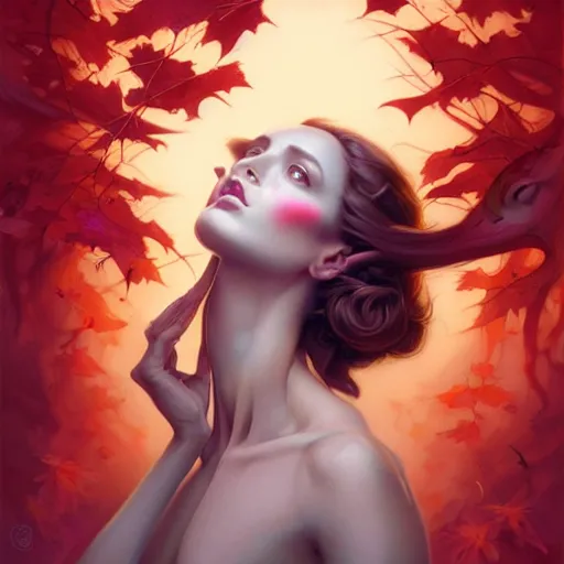 Prompt: in the style of joshua middleton, peter mohrbacher, artgerm, tom bagshaw, gorgeous stella maeve magician, realistic character concept, bird's eye overhead shot, elegant pose, spooky, illustration, symmetrical face and body, volumetric lighting, detailed realistic symmetrical eyes, 8 k, single face, insanely detailed and intricate elegant, autumn leaves