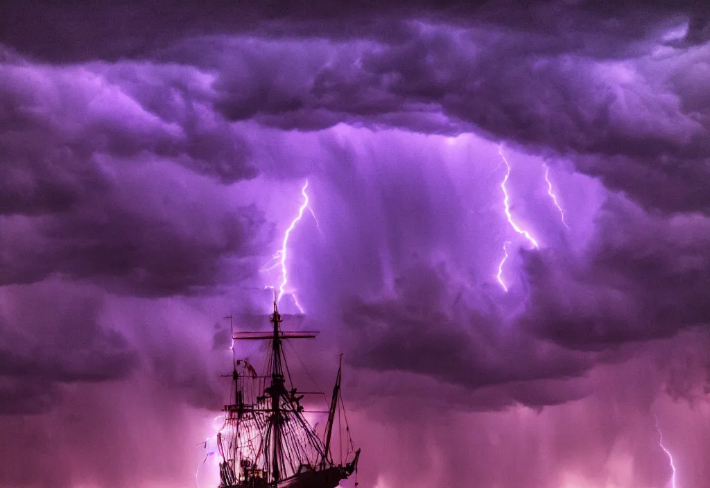 Image similar to purple color lighting storm with stormy sea, pirate ship firing its cannons real life trippy nebula sky 50mm shot