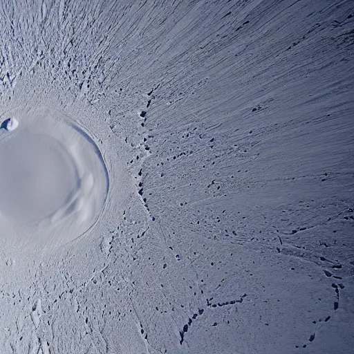 Image similar to ”looking at a snowy crater in the middle of desert from an airplane, 4k, beautiful, greg rutkowski”