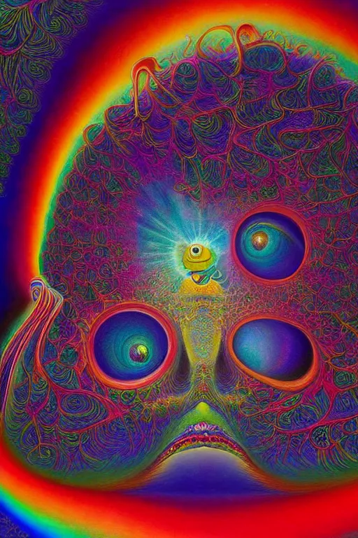 Image similar to hyperrealistic abstract close-up Renaissance psychedelic!! celestial happy! pure creature!! peaceful! kind spirit of nature! beautiful fractal!! eyes! highly detailed concept art eric zener elson peter cinematic hard rainbow lighting high angle hd 8k sharp shallow depth of field endless, inspired by Zdzisław Beksiński Salvador Dali