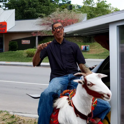 Prompt: Photo of Gus Fring riding his pet goat through the McDonald's drive thru, taken with Canon EOS 5D.