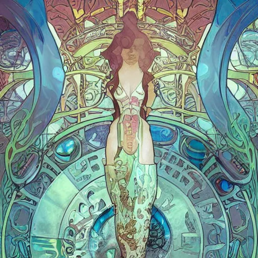 Prompt: cyberpunk cryo chamber at the bottom of the sea by guillermo del toro and alphonse mucha and arcane, lab environment background, art nouveau, science fiction, ultra wide angle, wet, rich colors