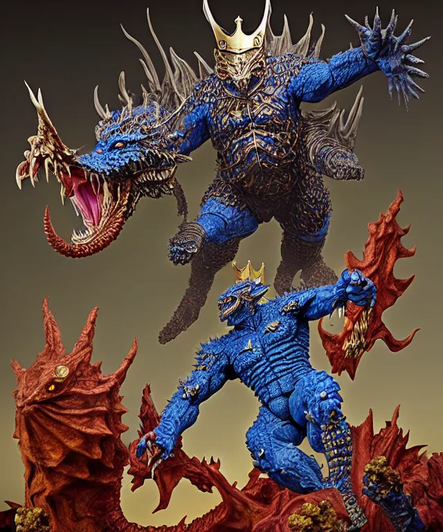 Image similar to a hyperrealistic rendering of an epic boss fight against ornate king emporer jewel crown war armor battle kaiju beast god by art of skinner and richard corben, product photography, collectible action figure, sofubi