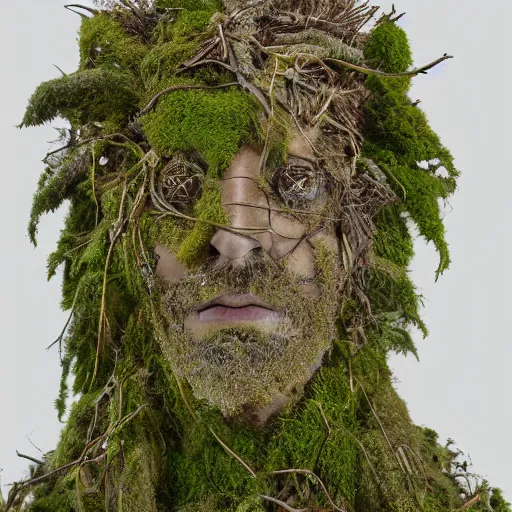 Prompt: a portrait of a man made from roots and sticks, ferns, moss, hollow eyes, highly detailed, 4k, eerie