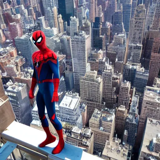 Prompt: marvel spider - man standing on top of the empire state building