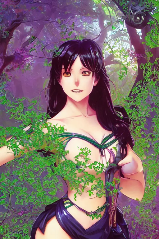 Prompt: anime key visual of a beautiful young zatanna, dc comics, covered in vibrant green vines, intricate, magical forest, stunning, highly detailed, digital painting, artstation, smooth, hard focus, illustration, art by artgerm and greg rutkowski and alphonse mucha