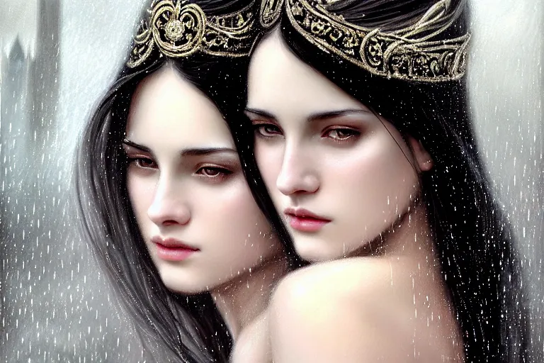 Image similar to highly detailed portrait of a beautiful girl in the rain with wet dark hair and pale skin, ornate elegant silver robes, fantasy, intricate, elegant, dramatic lighting, emotionally evoking symbolic metaphor, highly detailed, lifelike, photorealistic, digital painting, artstation, concept art, smooth, sharp focus, illustration, art by John Collier and Albert Aublet and Krenz Cushart and Artem Demura and Alphonse Mucha