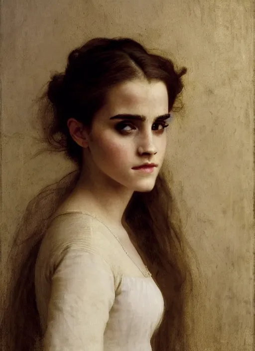 Prompt: photo photorealistic portrait photograph Portrait of Emma Watson, by William Adolphe Bouguereau, John Singer Sargent, Vermeer, serene