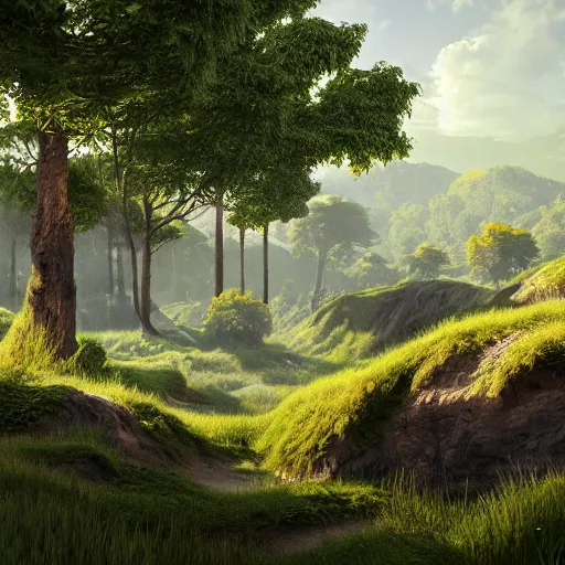 Image similar to large lush landscape, daylight, hyperdetailed, sharp, artstation, 3 d render, ray tracing