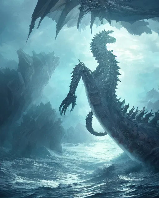 Prompt: A monstrous giant sea dragon in the middle of the sea, fantasy art, in the style of greg rutkowski, illustration, epic, fantasy, intricate, hyper detailed, artstation, concept art, smooth, sharp focus, ray tracing