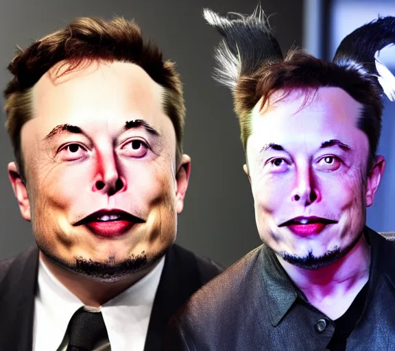 Image similar to elon musk face made of skunk animal, closeup detailed, tesla car, studio photo