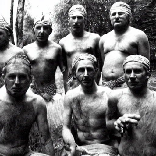 Prompt: A group of white-skinned tribesmen.