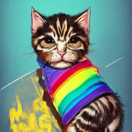 Image similar to wide angle full body, jacket wearing fluffy cute rainbow kitten wearing a black leather motorcycle jacket, cinematic concept art