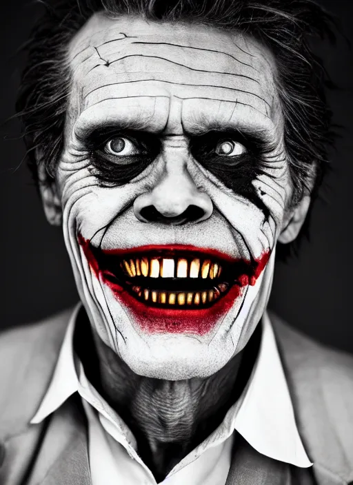 Prompt: photo of Willem Dafoe as the Joker by Eolo Perfido and Lee Jeffries, big smile, head shot, detailed, award winning, Sony a7R