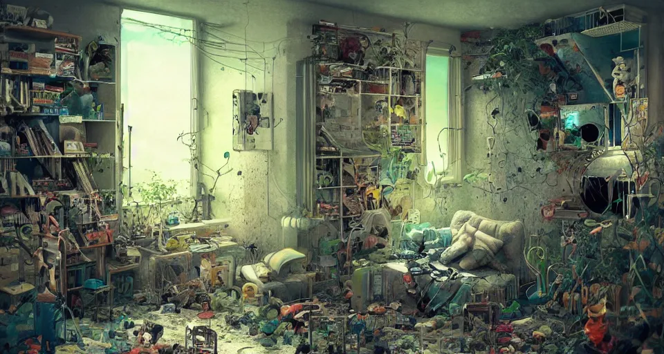 Prompt: IKEA catalogue photo, cyberpunk childrens bedroom, toys, mess, drawings, sand piled in corners, dust, organic, vines, overgrown, tropical, by Beksiński