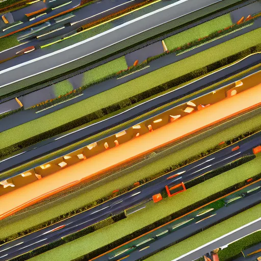 Prompt: a detailed view of a futuristic city in a grass field, in sunny weather, scenery, heavy traffic, rendered with octane, birdeye, view from above, orange color scheme, photorealistic