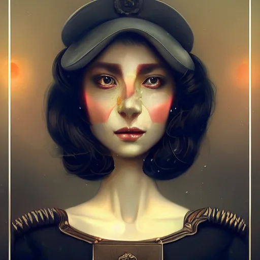 Image similar to gorgeous happy devil in military uniform by tom bagshaw, by beeple, soft lighting, solid background,