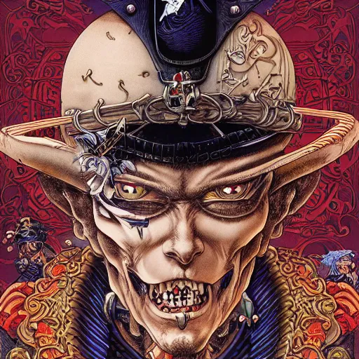 Image similar to portrait of crazy pirate, symmetrical, by yoichi hatakenaka, masamune shirow, josan gonzales and dan mumford, ayami kojima, takato yamamoto, barclay shaw, karol bak, yukito kishiro